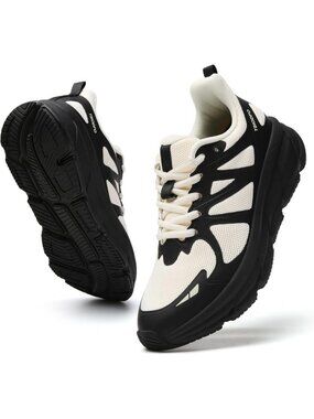 Women's Black Berige Running Shoes Lace-Up Tennis Workout Walking Shoes